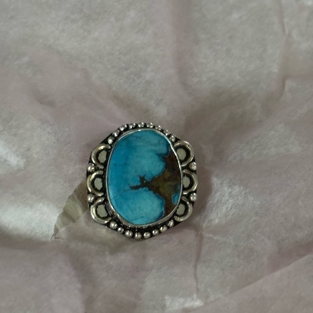 Sterling-Style Blue Turquoise Oval Statement Ring - Picture 2 of 5